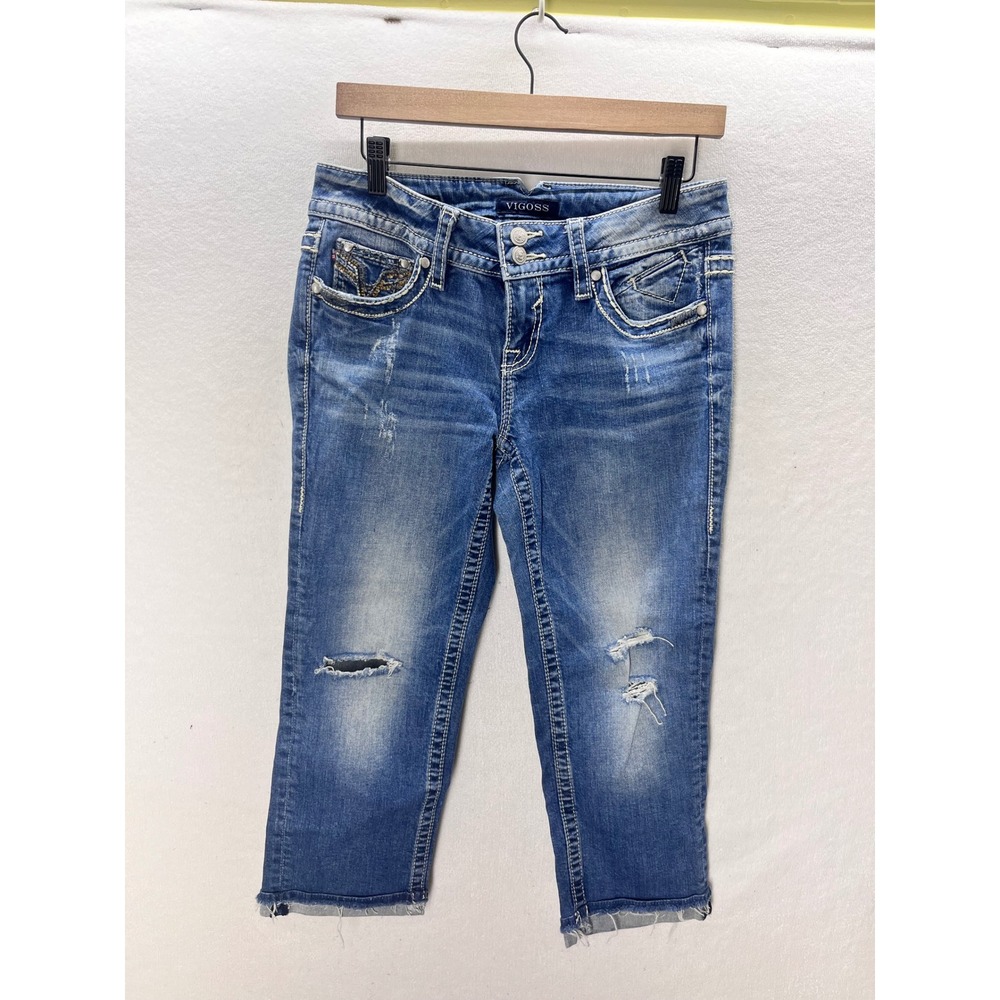 Vigoss The Dublin Capri Jeans Womens 5/6 Blue Distressed Raw Hem Stretch 3259